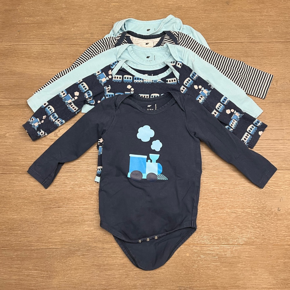 Monica & Andy 12-18mth Baby Boy Longsleeve Onesie Set of 5 - Blue Train Print